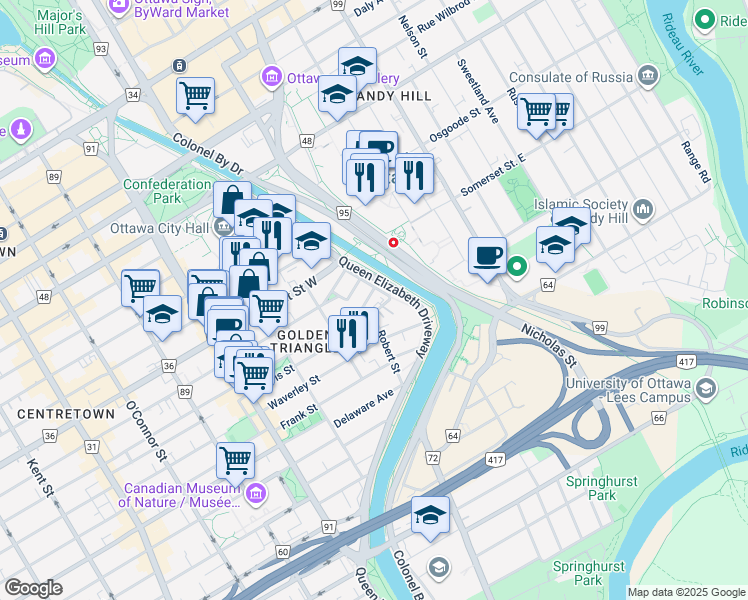 map of restaurants, bars, coffee shops, grocery stores, and more near 40 The Driveway in Ottawa
