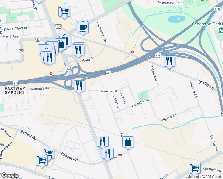 map of restaurants, bars, coffee shops, grocery stores, and more near in Ottawa