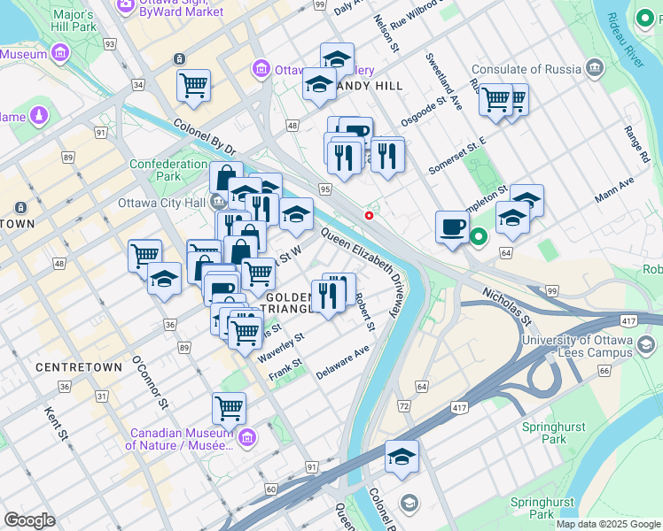 map of restaurants, bars, coffee shops, grocery stores, and more near 26 Central Avenue in Ottawa