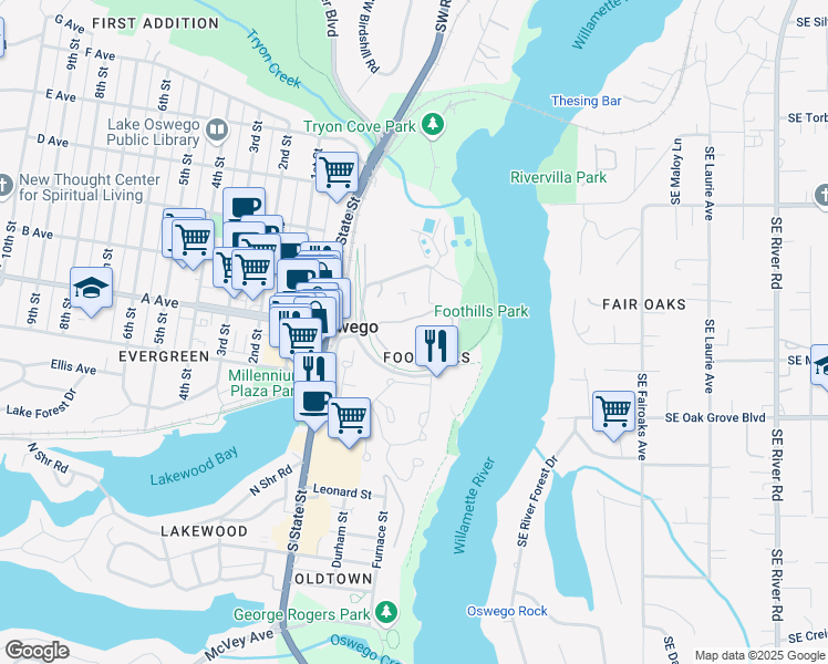 map of restaurants, bars, coffee shops, grocery stores, and more near 5051 Oswego Pointe Drive in Lake Oswego