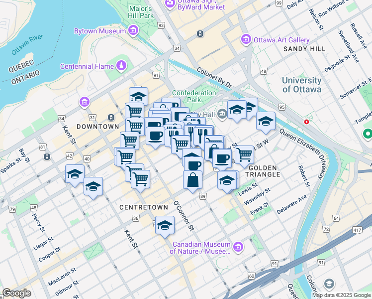 map of restaurants, bars, coffee shops, grocery stores, and more near 40 Nepean Street in Ottawa