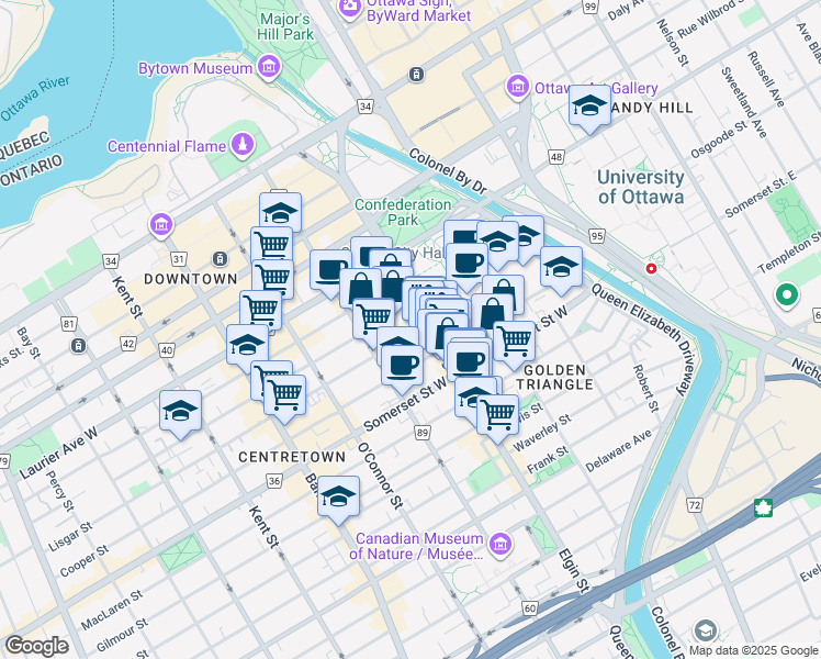 map of restaurants, bars, coffee shops, grocery stores, and more near 169 Lisgar Street in Ottawa