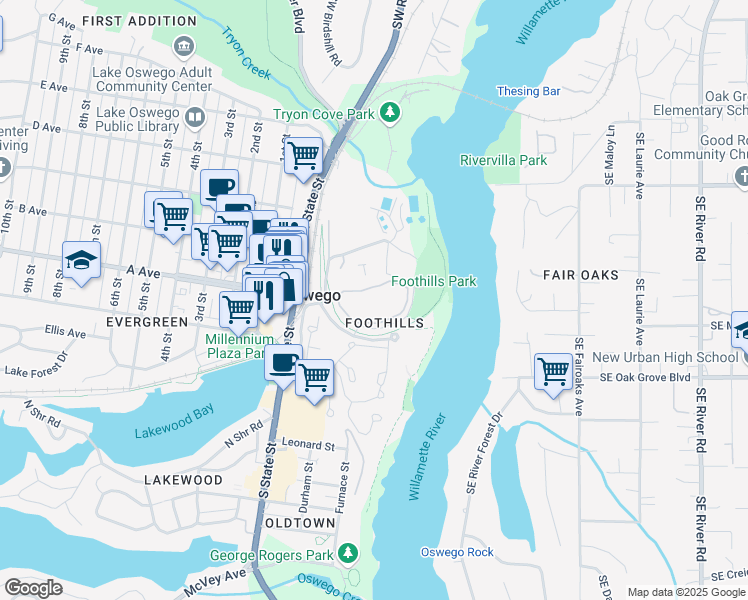 map of restaurants, bars, coffee shops, grocery stores, and more near 5051 Oswego Pointe Drive in Lake Oswego