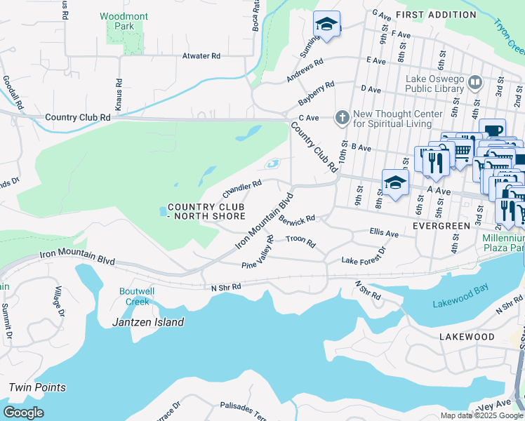 map of restaurants, bars, coffee shops, grocery stores, and more near 242 Iron Mountain Boulevard in Lake Oswego