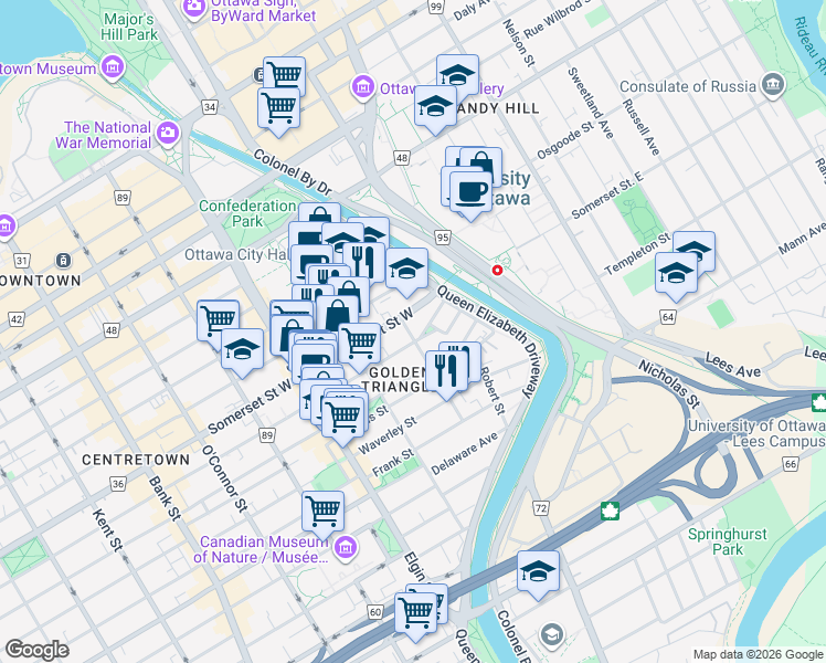 map of restaurants, bars, coffee shops, grocery stores, and more near in Ottawa