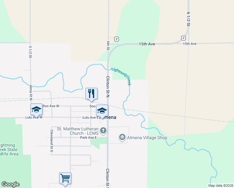 map of restaurants, bars, coffee shops, grocery stores, and more near 116 Clinton Street North in Almena