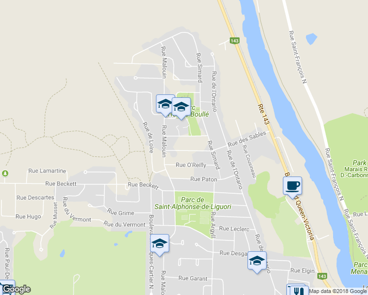 map of restaurants, bars, coffee shops, grocery stores, and more near 1665 Rue des Sables in Sherbrooke