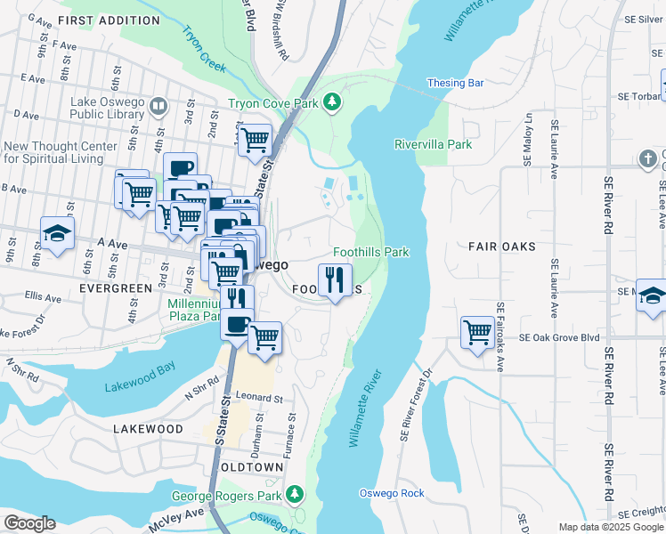 map of restaurants, bars, coffee shops, grocery stores, and more near 5056 Foothills Drive in Lake Oswego