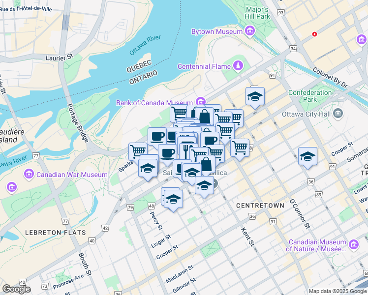 map of restaurants, bars, coffee shops, grocery stores, and more near 360 Albert Street in Ottawa
