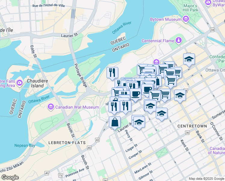 map of restaurants, bars, coffee shops, grocery stores, and more near 409 Wellington Street in Ottawa