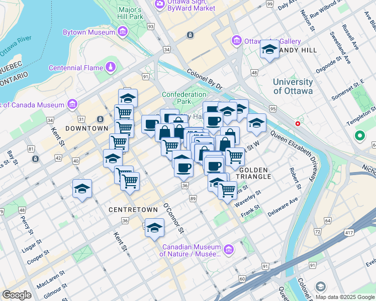 map of restaurants, bars, coffee shops, grocery stores, and more near 201 Cooper Street in Ottawa
