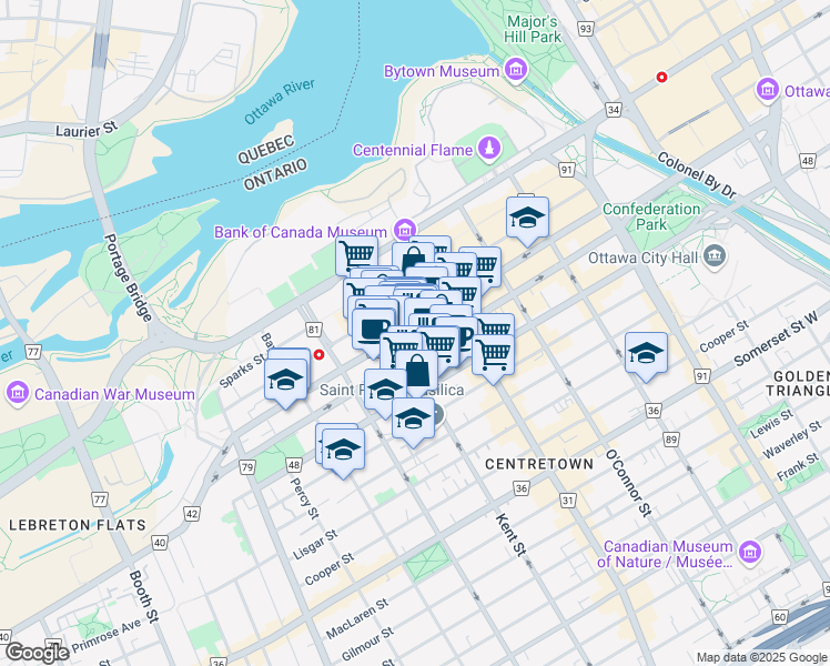map of restaurants, bars, coffee shops, grocery stores, and more near 275 Slater Street in Ottawa
