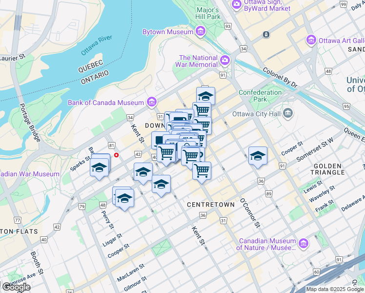 map of restaurants, bars, coffee shops, grocery stores, and more near 186 Bank Street in Ottawa