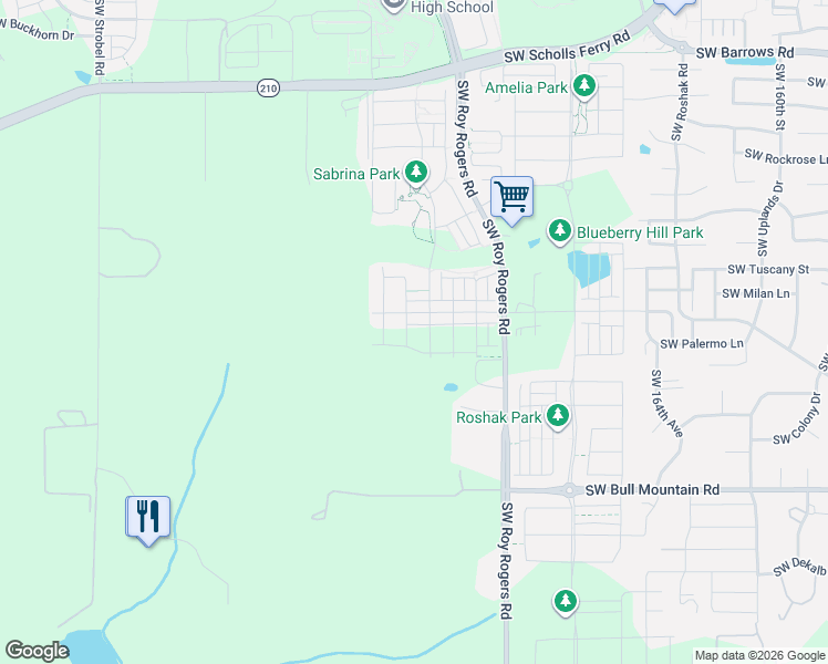 map of restaurants, bars, coffee shops, grocery stores, and more near 14011 Southwest Roy Rogers Road in Sherwood