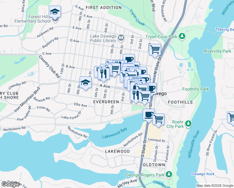 map of restaurants, bars, coffee shops, grocery stores, and more near 380 Southwest A Avenue in Lake Oswego