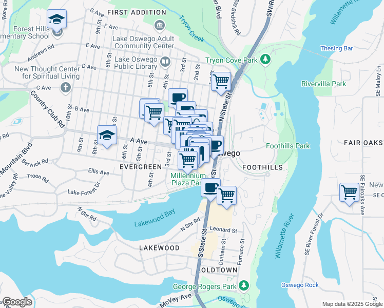 map of restaurants, bars, coffee shops, grocery stores, and more near 315 2nd Street in Lake Oswego