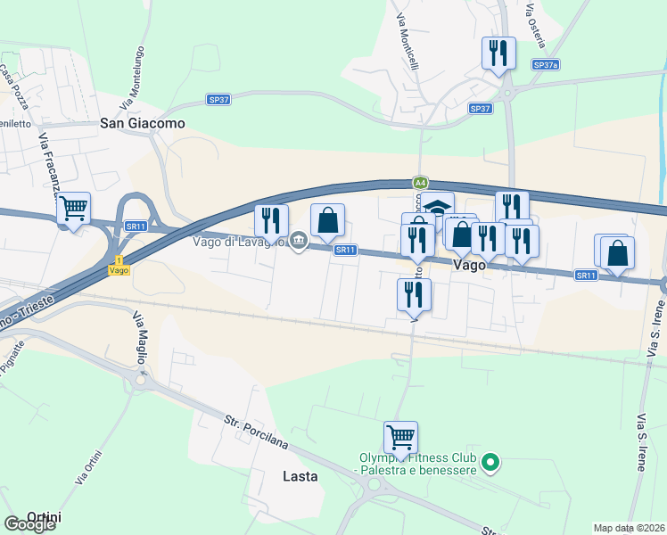 map of restaurants, bars, coffee shops, grocery stores, and more near 2B Via Battisti Cesare in Vago