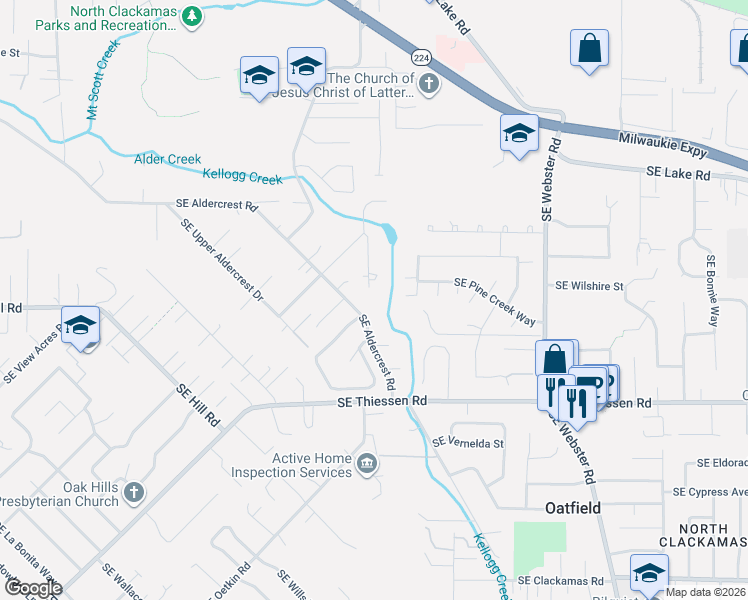 map of restaurants, bars, coffee shops, grocery stores, and more near 6052 Southeast Aldercrest Road in Portland