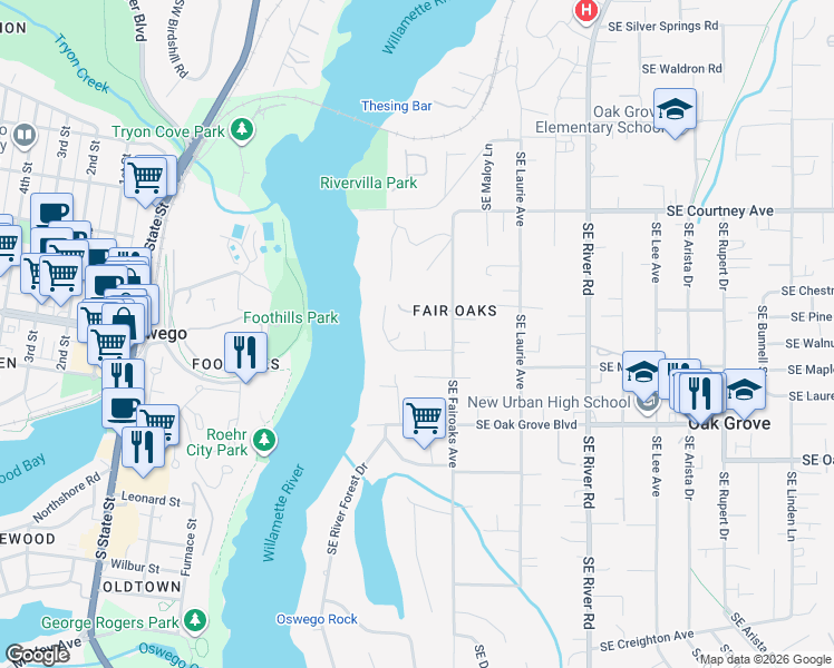 map of restaurants, bars, coffee shops, grocery stores, and more near 14353 Southeast Fairoaks Lane in Milwaukie