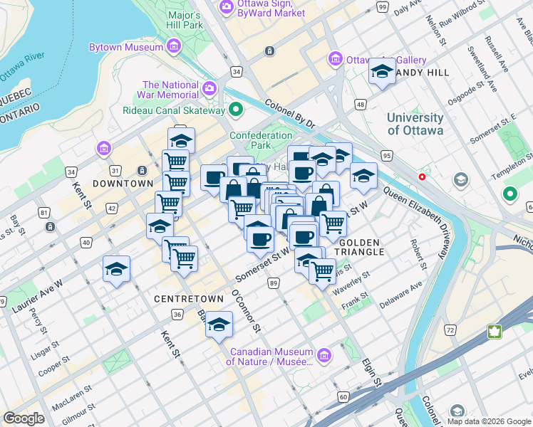 map of restaurants, bars, coffee shops, grocery stores, and more near 201 Cooper Street in Ottawa