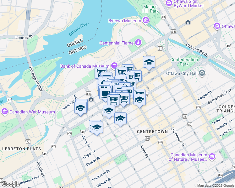 map of restaurants, bars, coffee shops, grocery stores, and more near 280 Albert Street in Ottawa