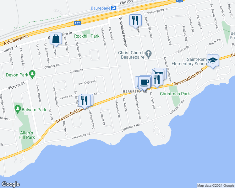 map of restaurants, bars, coffee shops, grocery stores, and more near 519 Boulevard Beaconsfield in Beaconsfield