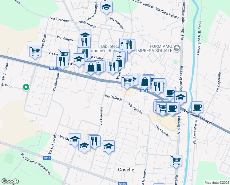 map of restaurants, bars, coffee shops, grocery stores, and more near 20 Via Grazia Deledda in Caselle