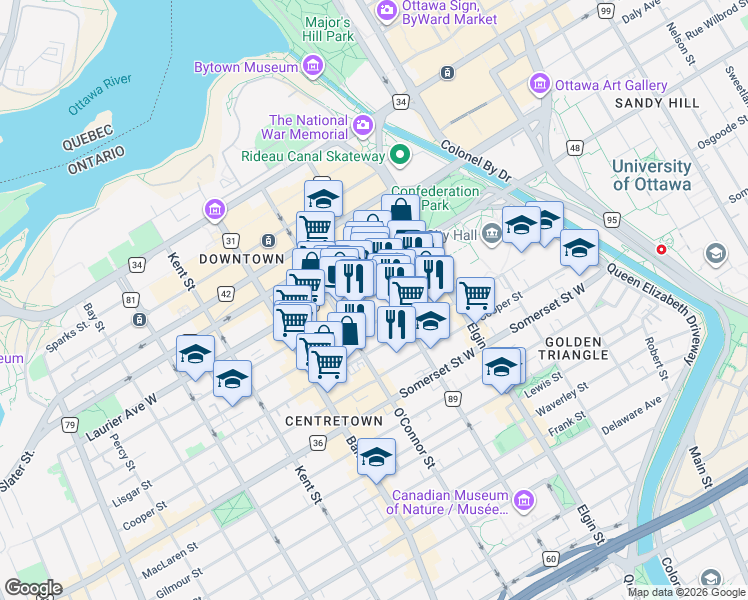 map of restaurants, bars, coffee shops, grocery stores, and more near 70 Gloucester Street in Ottawa
