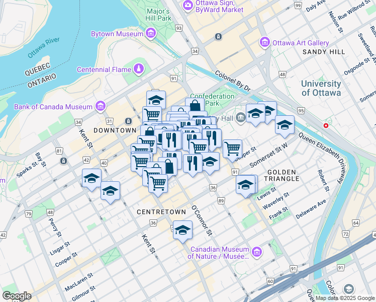 map of restaurants, bars, coffee shops, grocery stores, and more near 8 Nepean Street in Ottawa