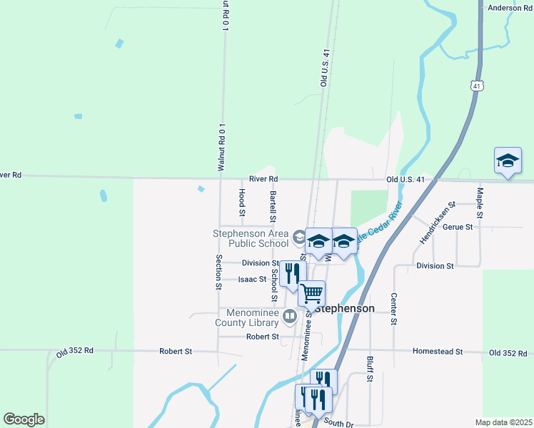 map of restaurants, bars, coffee shops, grocery stores, and more near Bartell Street in Stephenson