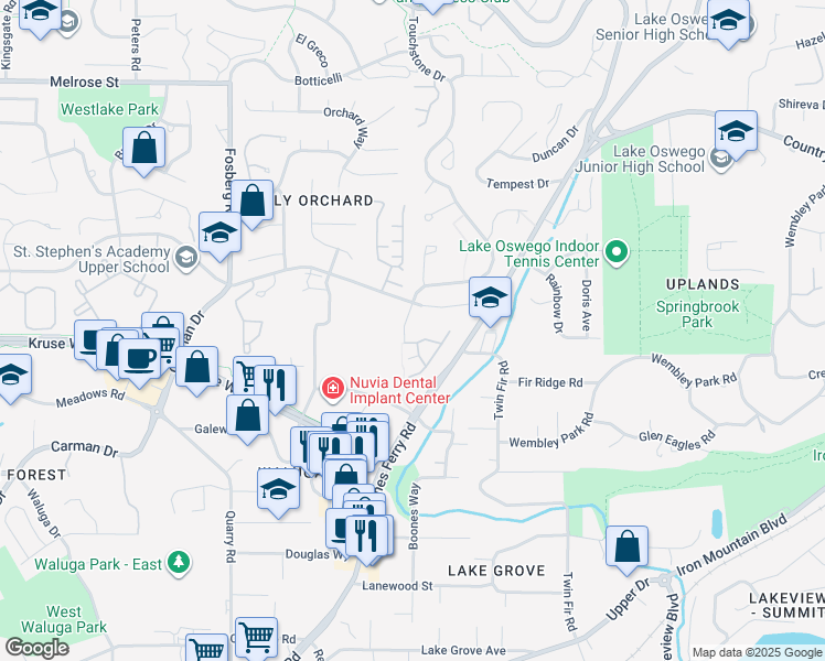 map of restaurants, bars, coffee shops, grocery stores, and more near 15000 Davis Lane in Lake Oswego