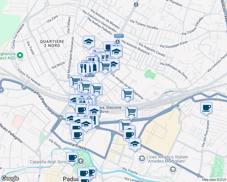 map of restaurants, bars, coffee shops, grocery stores, and more near Via Domenico Bonati in Padova