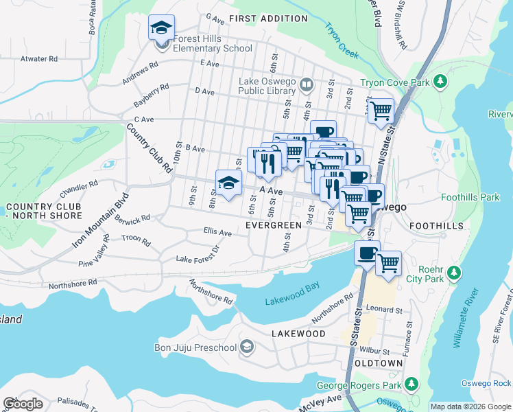 map of restaurants, bars, coffee shops, grocery stores, and more near 599 A Avenue in Lake Oswego