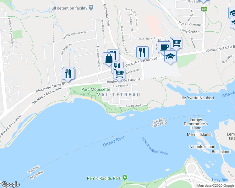 map of restaurants, bars, coffee shops, grocery stores, and more near 25 Rue Bégin in Gatineau
