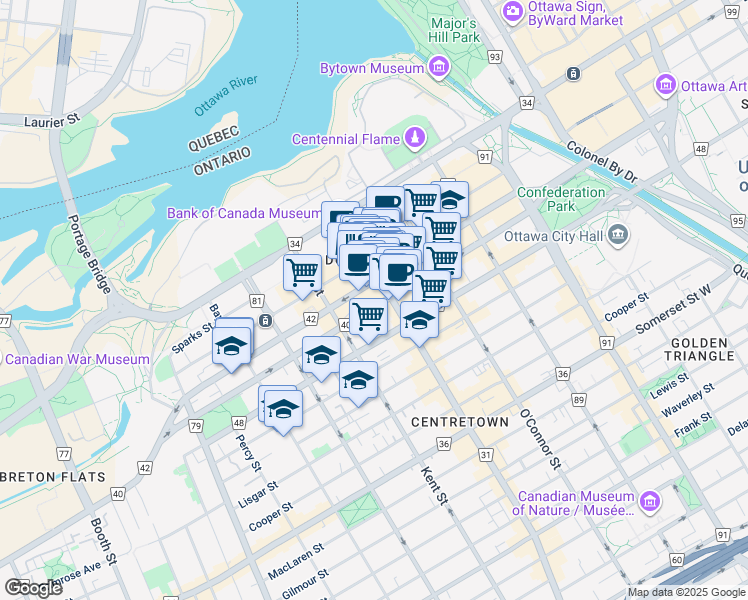 map of restaurants, bars, coffee shops, grocery stores, and more near in Ottawa