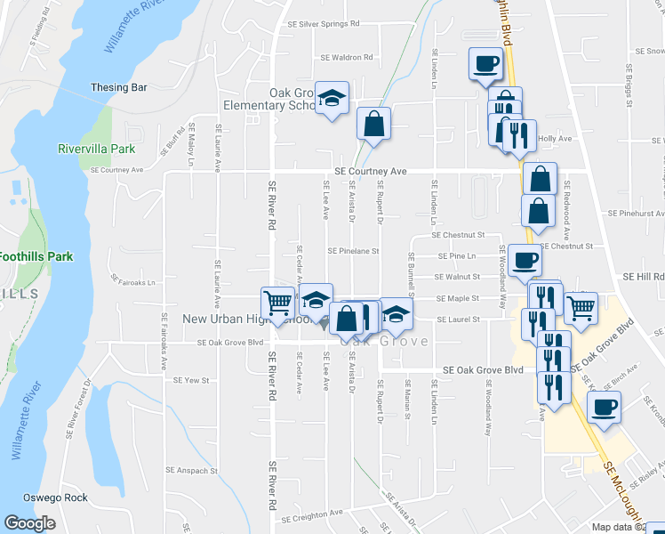 map of restaurants, bars, coffee shops, grocery stores, and more near 14348 Southeast Lee Avenue in Oak Grove