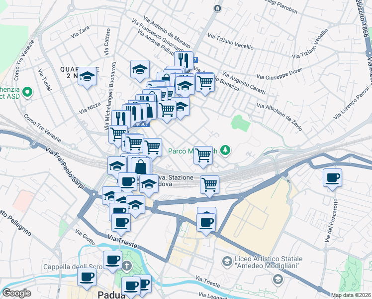 map of restaurants, bars, coffee shops, grocery stores, and more near 29 Via Pietro Selvatico in Padua