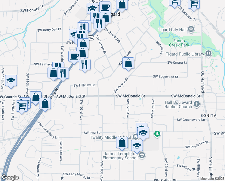 map of restaurants, bars, coffee shops, grocery stores, and more near 9845 Southwest Omara Street in Tigard