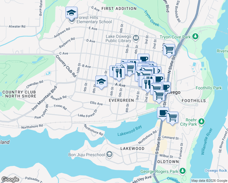 map of restaurants, bars, coffee shops, grocery stores, and more near 522 A Avenue in Lake Oswego