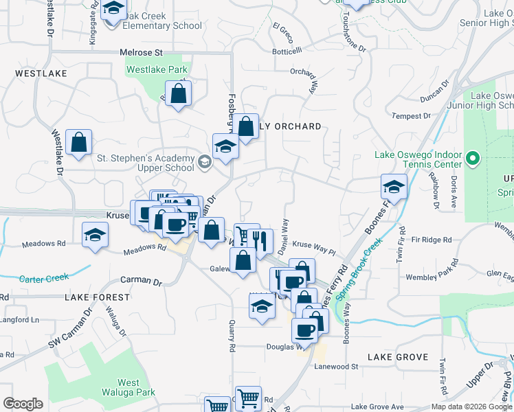 map of restaurants, bars, coffee shops, grocery stores, and more near 3922 Carman Drive in Lake Oswego