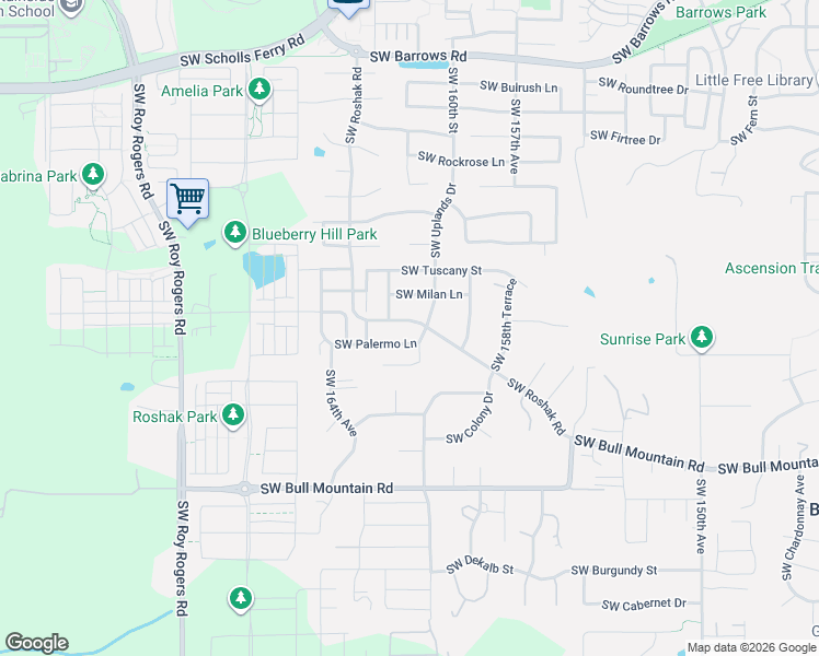 map of restaurants, bars, coffee shops, grocery stores, and more near 16078 Southwest Milan Lane in Tigard
