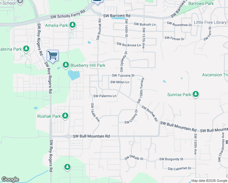 map of restaurants, bars, coffee shops, grocery stores, and more near 16078 Southwest Milan Lane in Tigard