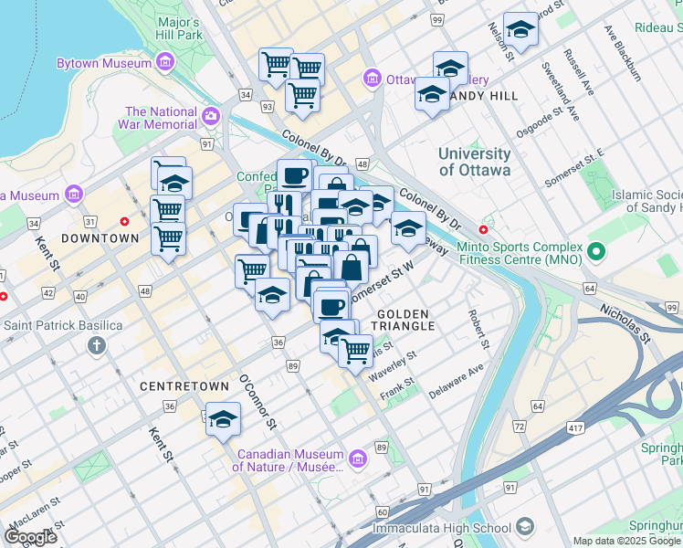 map of restaurants, bars, coffee shops, grocery stores, and more near 108 Lisgar Street in Ottawa
