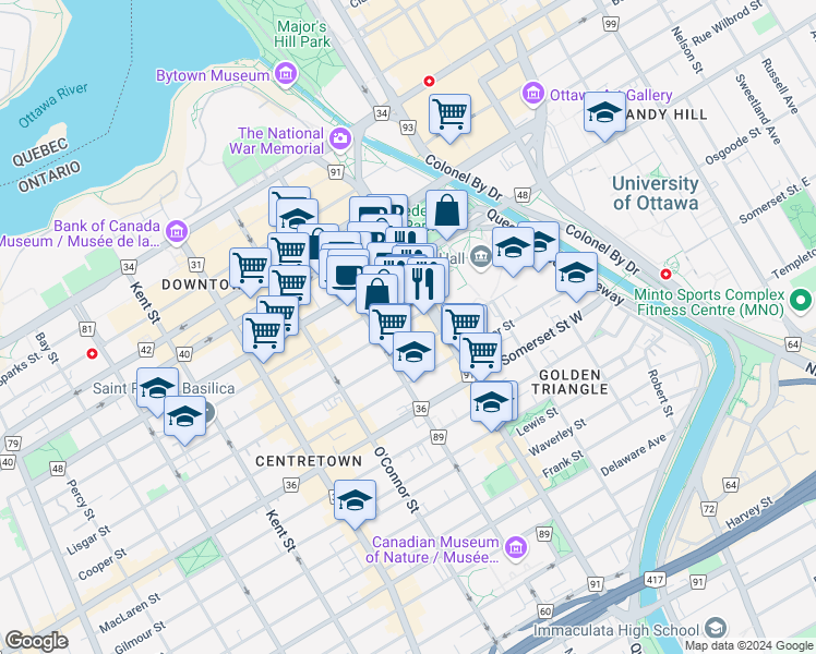 map of restaurants, bars, coffee shops, grocery stores, and more near in Ottawa