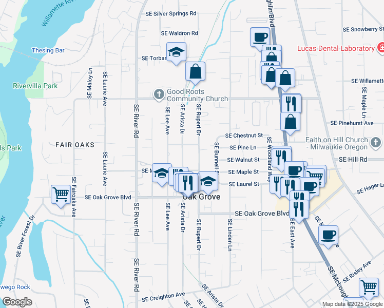 map of restaurants, bars, coffee shops, grocery stores, and more near 2105 Southeast Pine Lane in Oak Grove