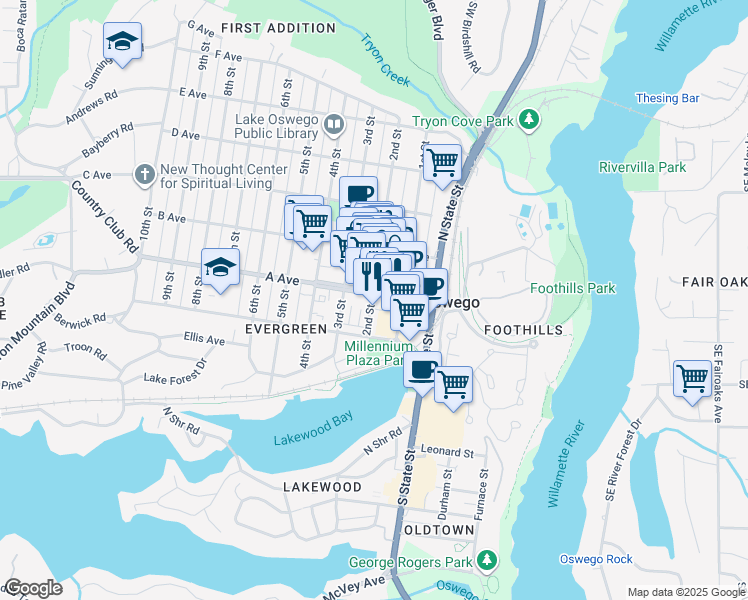 map of restaurants, bars, coffee shops, grocery stores, and more near 180 A Avenue in Lake Oswego