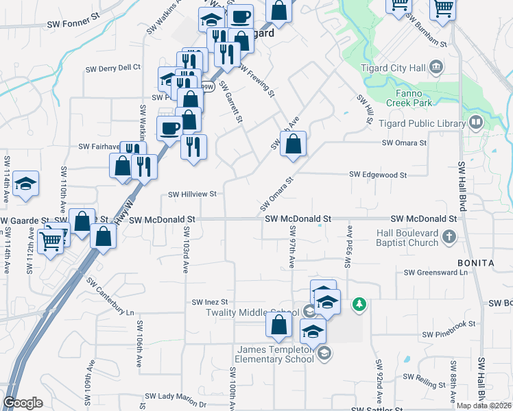 map of restaurants, bars, coffee shops, grocery stores, and more near 9845 Southwest Omara Street in Tigard