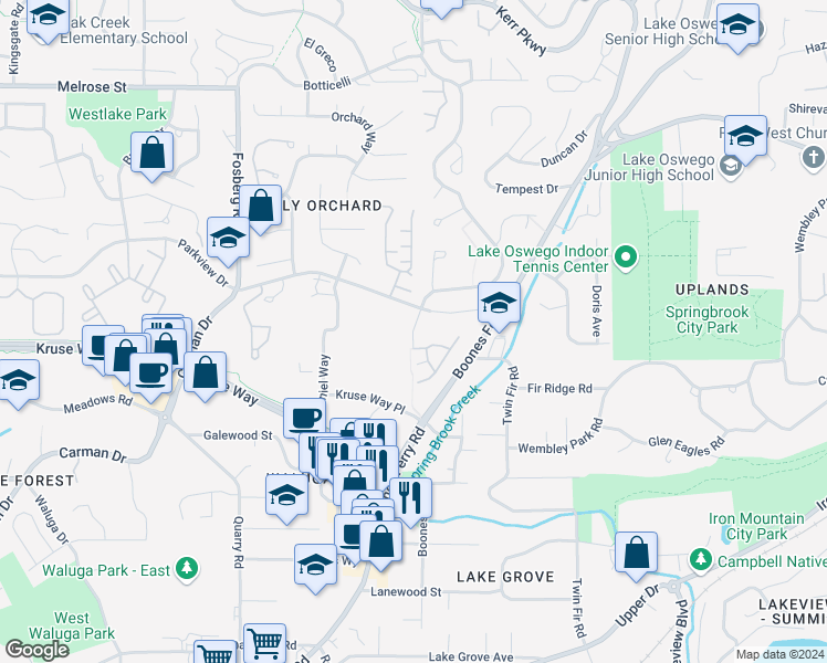 map of restaurants, bars, coffee shops, grocery stores, and more near Davis Lane in Lake Oswego