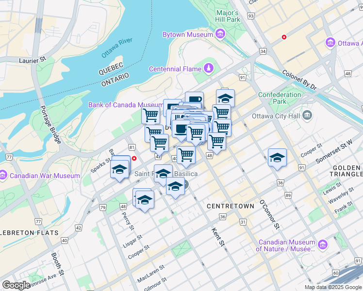 map of restaurants, bars, coffee shops, grocery stores, and more near in Ottawa
