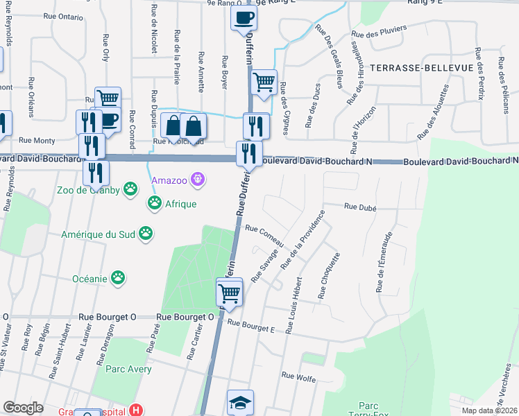 map of restaurants, bars, coffee shops, grocery stores, and more near 40 Rue Babin in Granby